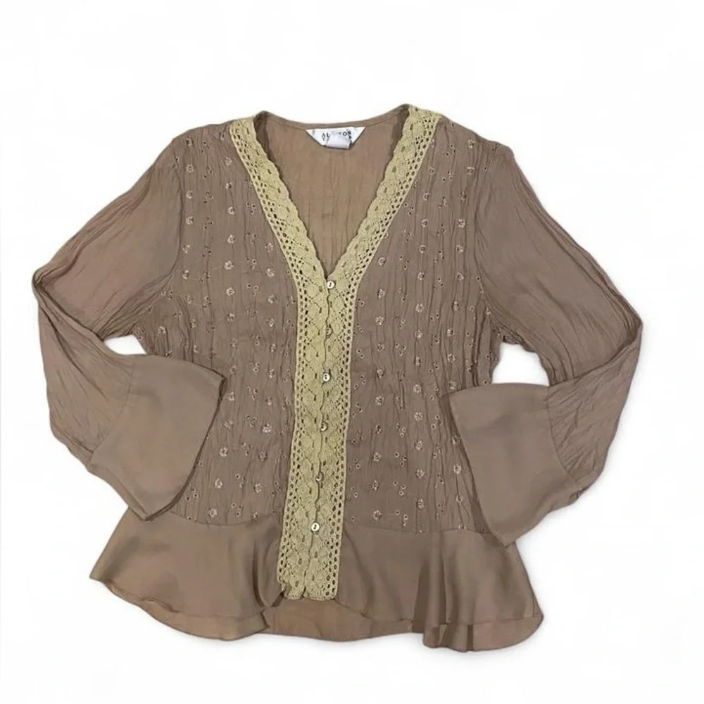 Tan vintage boho style button up blouse with crochet and embroidery details - Picture 2 of 4